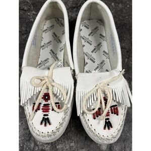 Minnetonka Beaded White Leather Thunderbird Moccasins Hard Sole Women's 7
